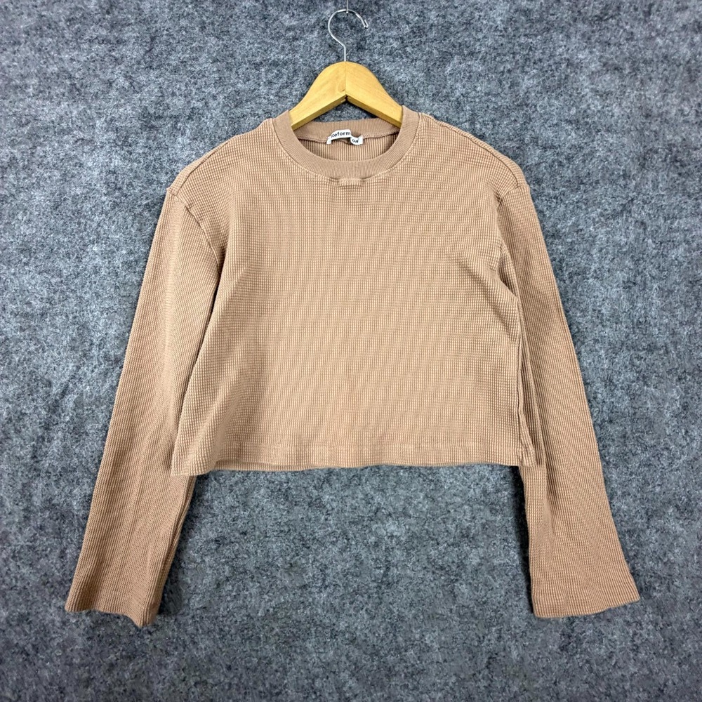 Reformation Cropped Top Womens S Brown Waffle Knit Crew Neck Pullover LS